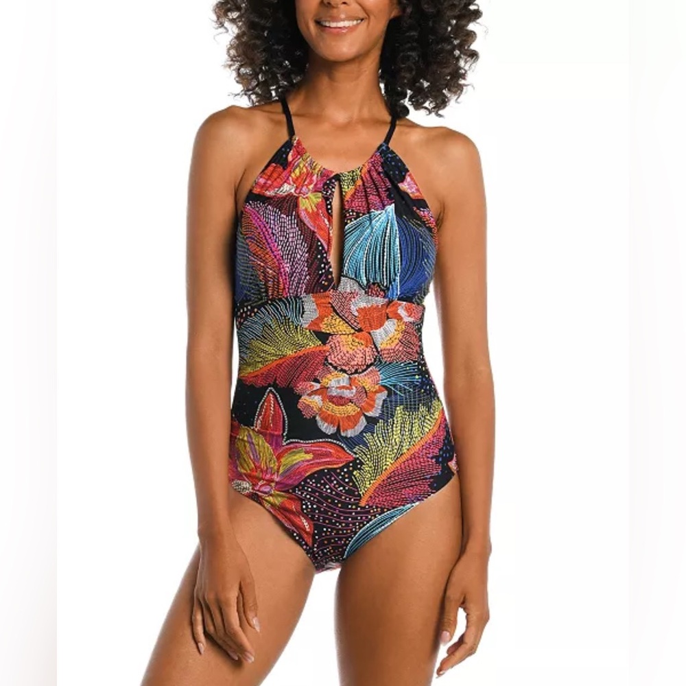 La Blanca Women's Sunlit Soirée High-Neck Keyhole One-Piece Swimsuit New Size 14